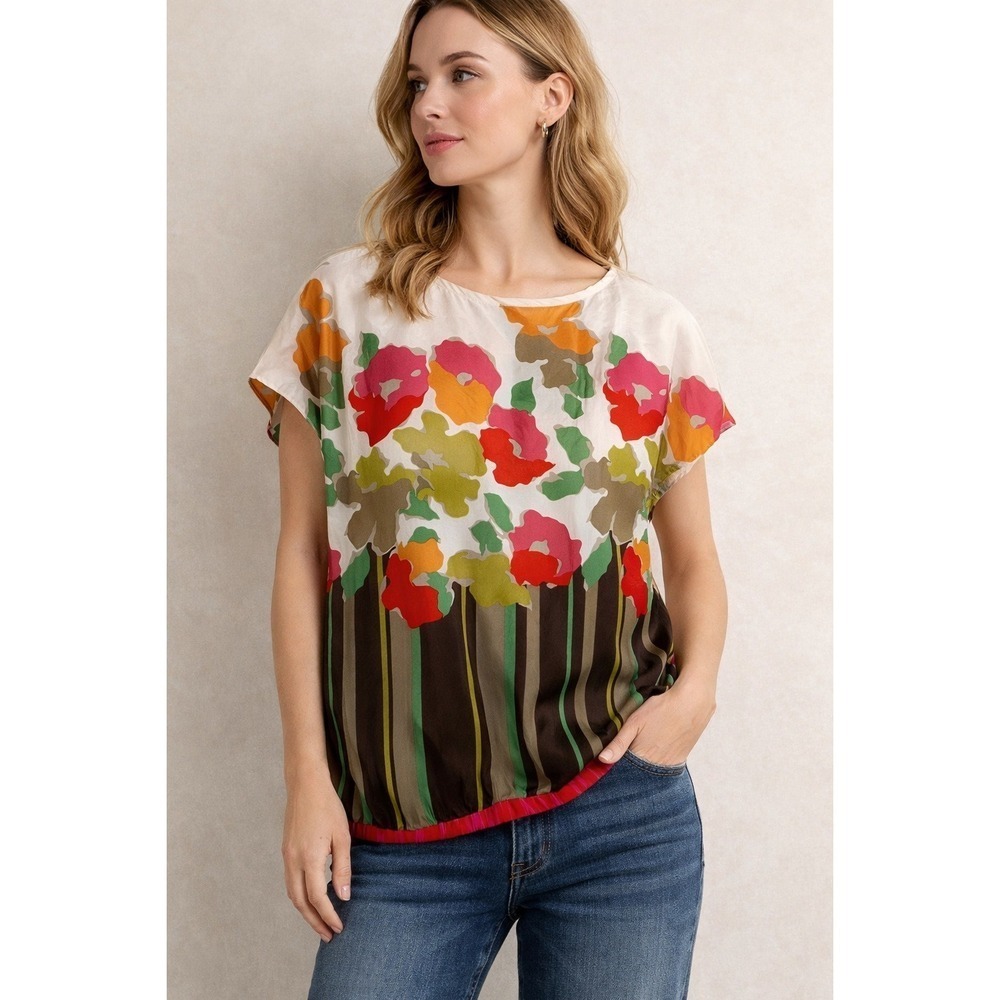 Apostrophe Size S Blouse Silk Floral Crew Neck Pull Over Banded Bottom Women's